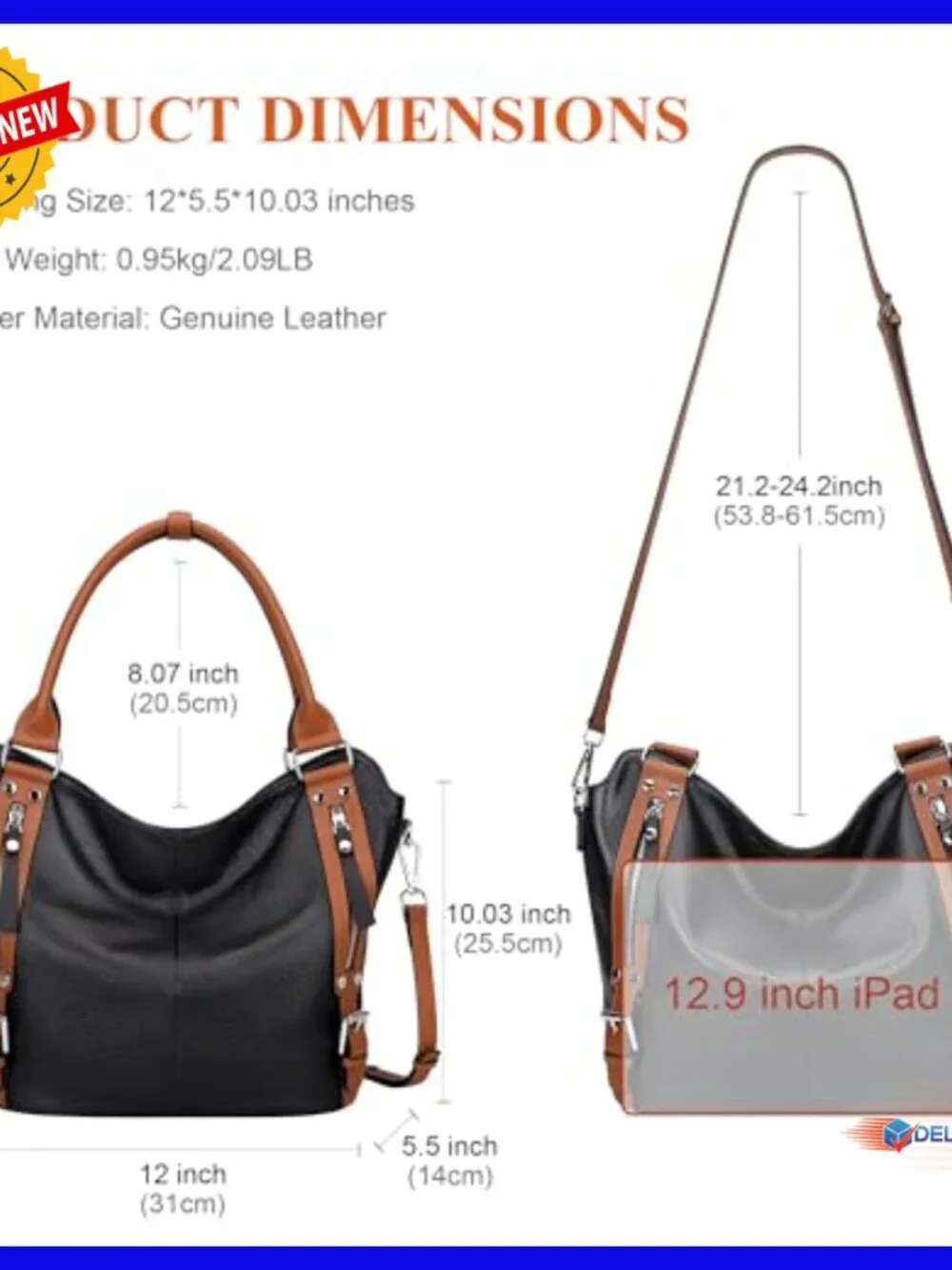 Genuine Leather Hobo Tote Shoulder Bag Large Capacity Multi-Pocket Purse
